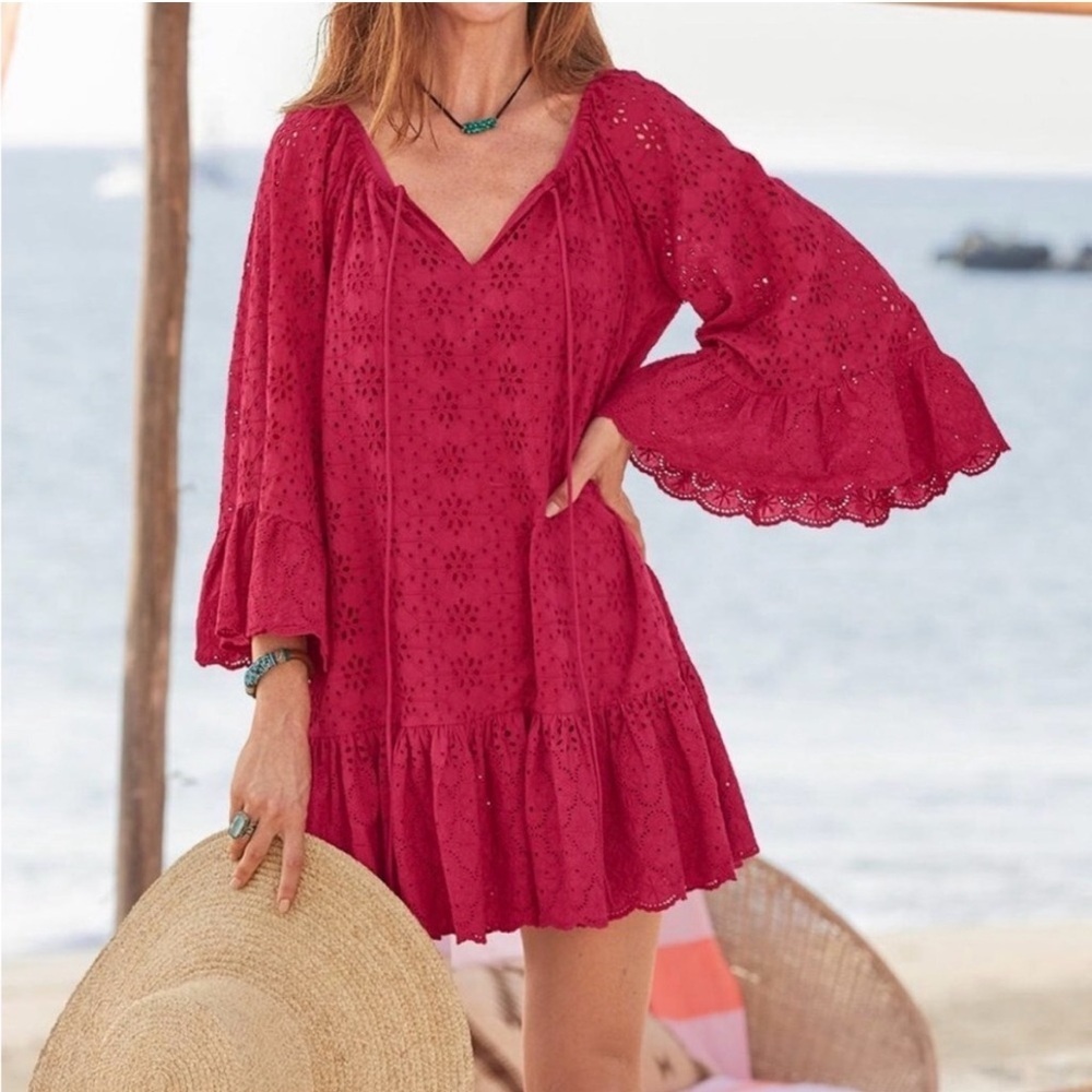 Sundance Red Eyelet Bell Sleeve Ruffle Cotton Lined Mini Dress Coverup Women’s S